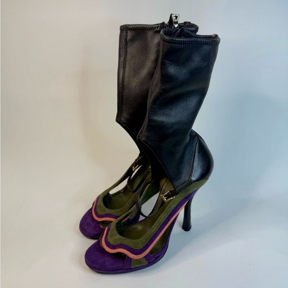 Prada Women’s Suede Colorblock Heels with Ankle Strap and Leather Zip-up Boot